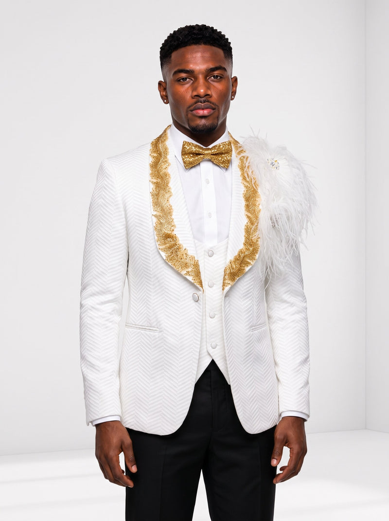 White Jacquard 3 Piece Tuxedo with Gold Beaded Lapel & Feather Shoulder