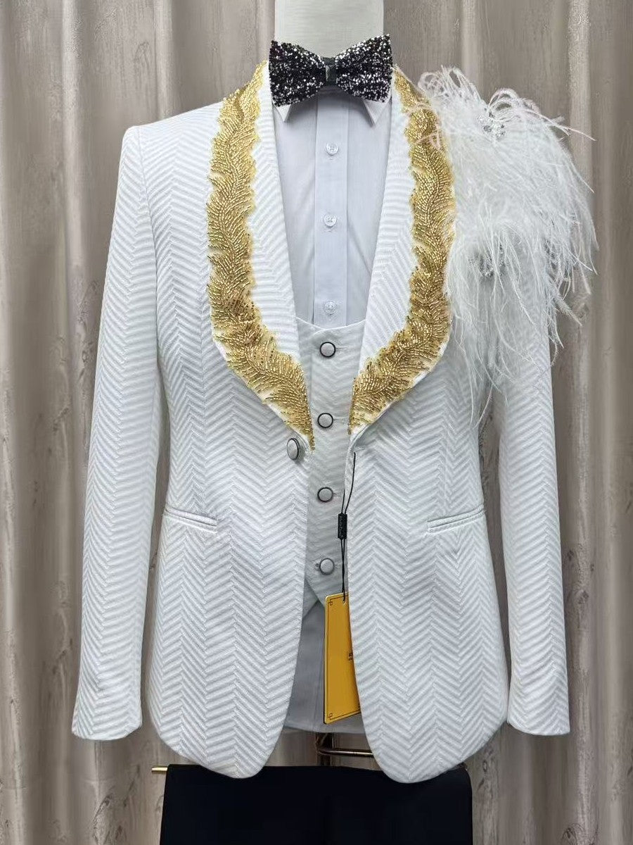 White Jacquard 3 Piece Tuxedo with Gold Beaded Lapel & Feather Shoulder