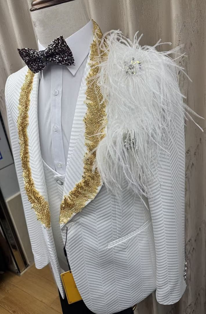 White Jacquard 3 Piece Tuxedo with Gold Beaded Lapel & Feather Shoulder