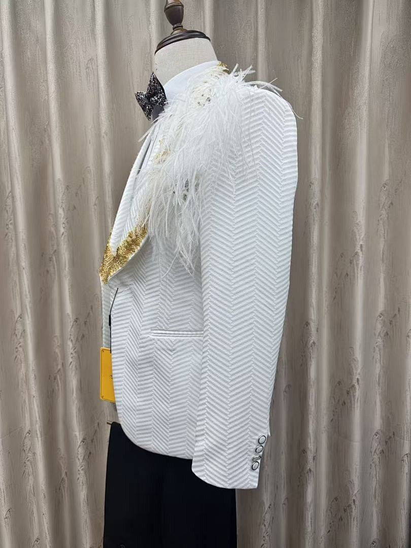 White Jacquard 3 Piece Tuxedo with Gold Beaded Lapel & Feather Shoulder