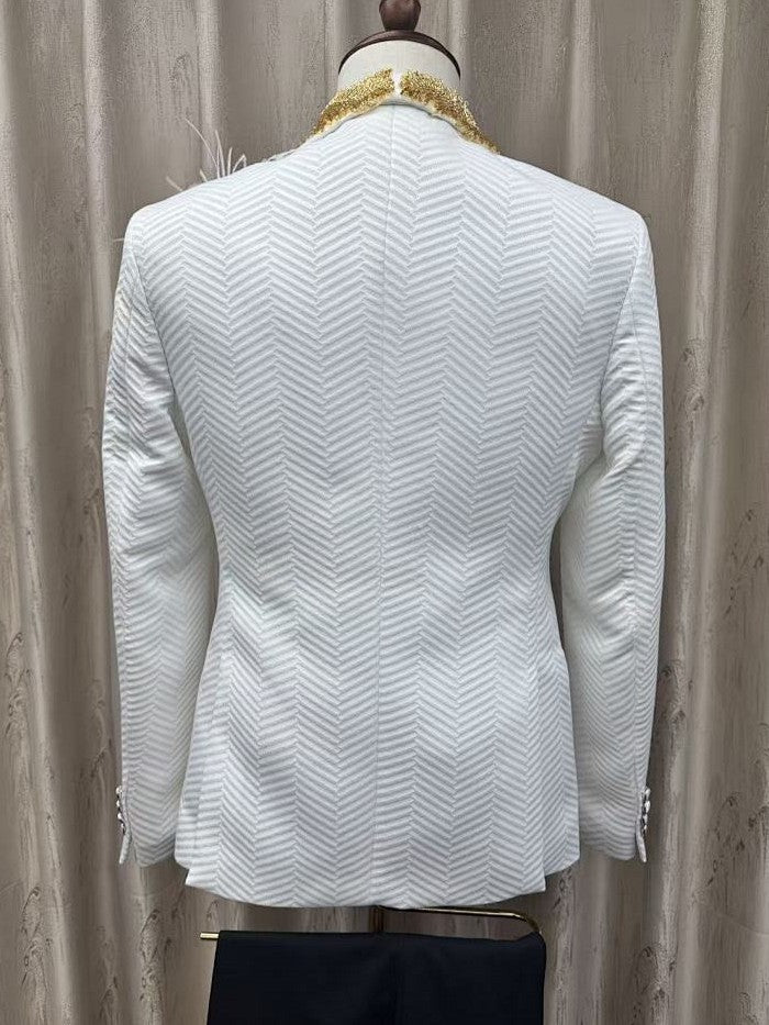 White Jacquard 3 Piece Tuxedo with Gold Beaded Lapel & Feather Shoulder