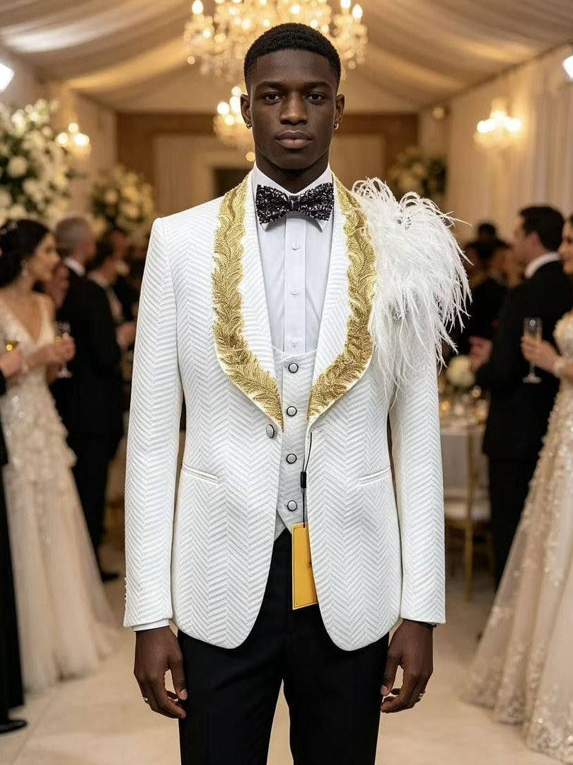 White Jacquard 3 Piece Tuxedo with Gold Beaded Lapel & Feather Shoulder