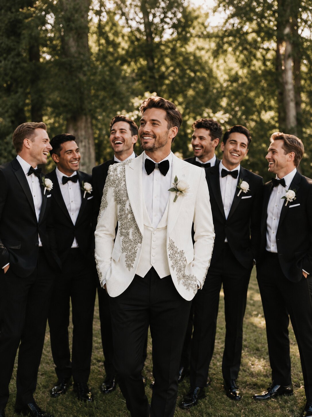 White Jacquard Rhinestone 3 Piece Groom Tuxedo