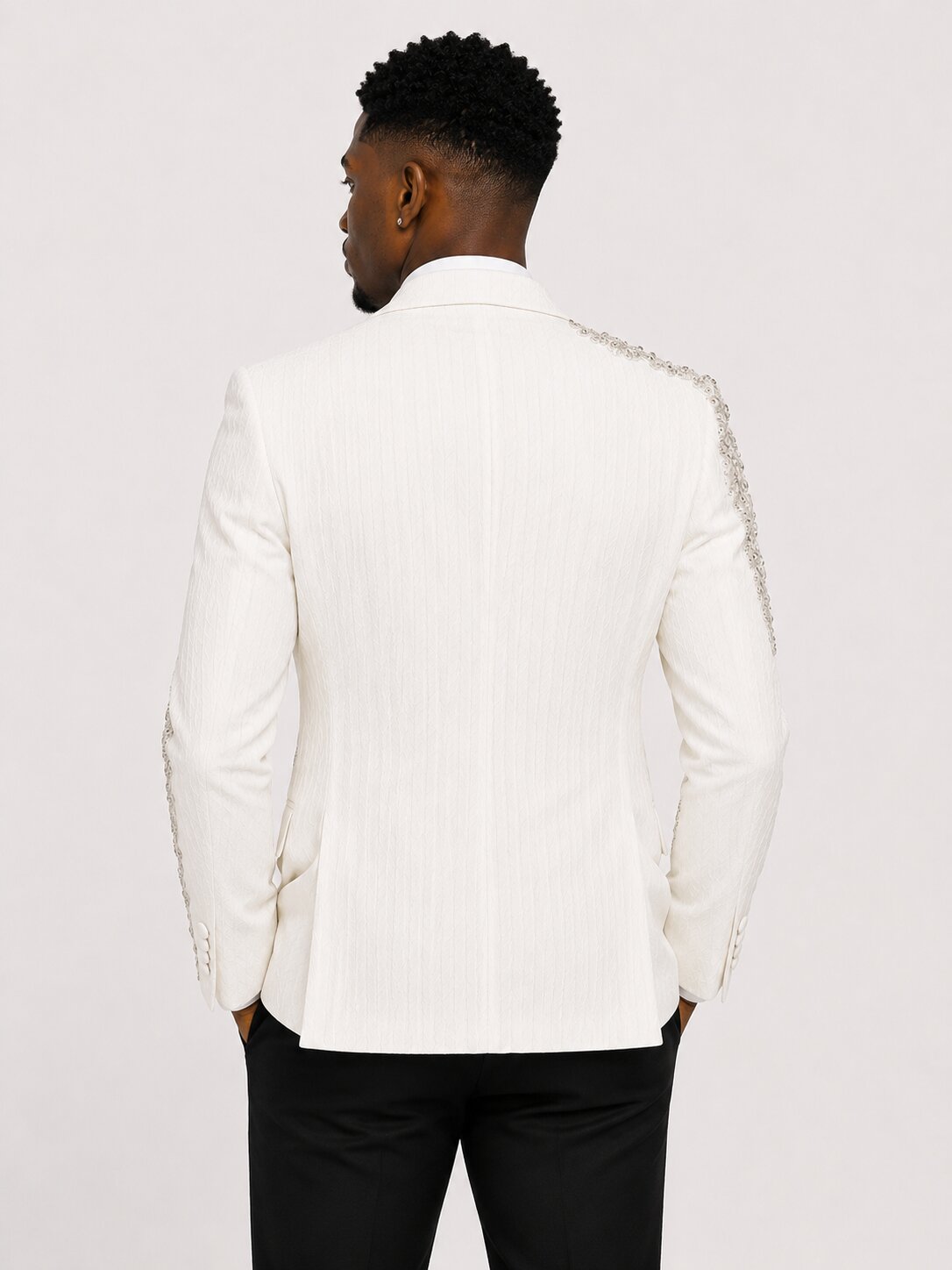 White Jacquard Rhinestone 3 Piece Groom Tuxedo
