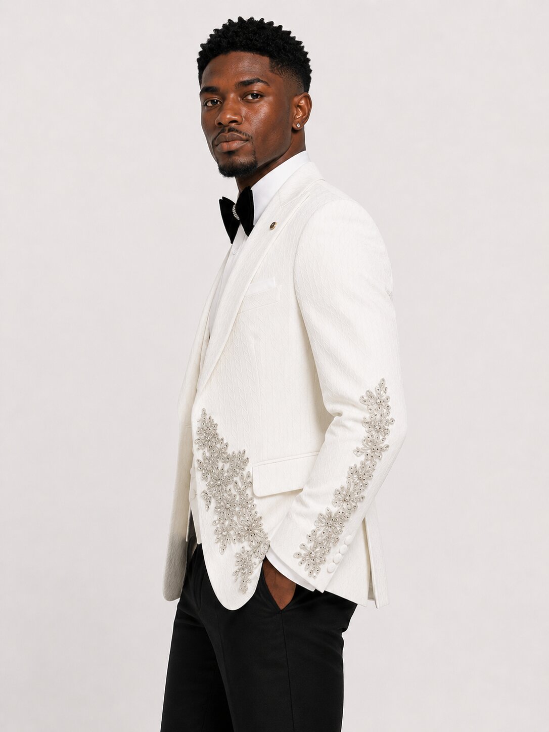 White Jacquard Rhinestone 3 Piece Groom Tuxedo