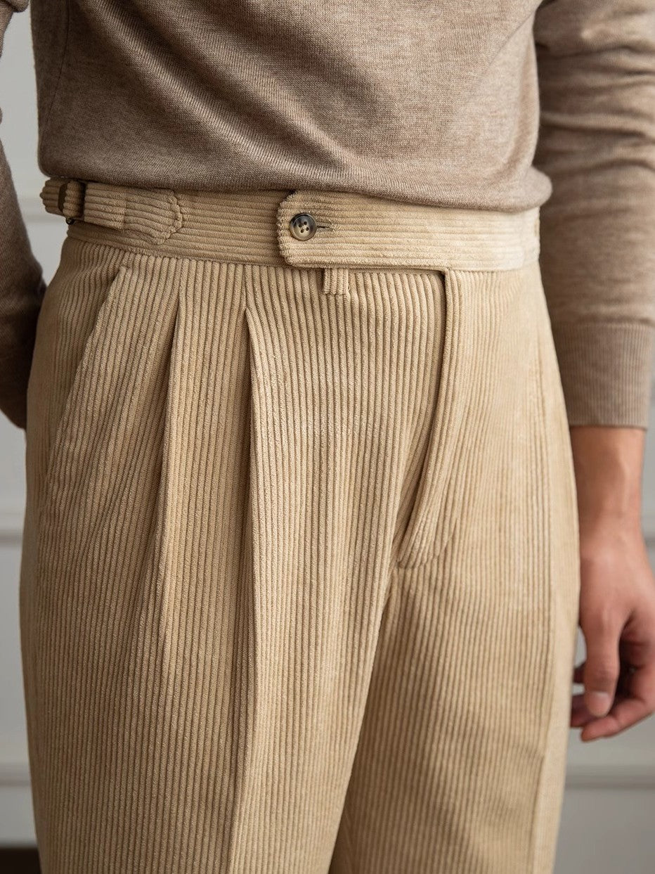 Men's Italian Style Corduroy Naples Suit Pants High-waisted Adjustable Belt Straight Fall Trousers 