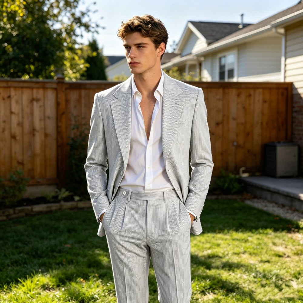 Men’s Pinstripe Seersucker Suit – Lightweight Breathable Summer Suit