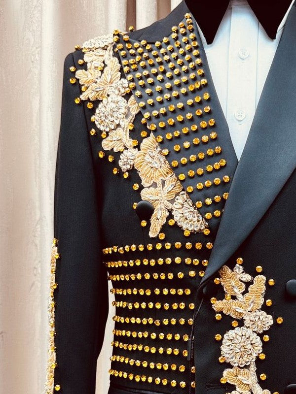 Black suit with gold rhinestone accents