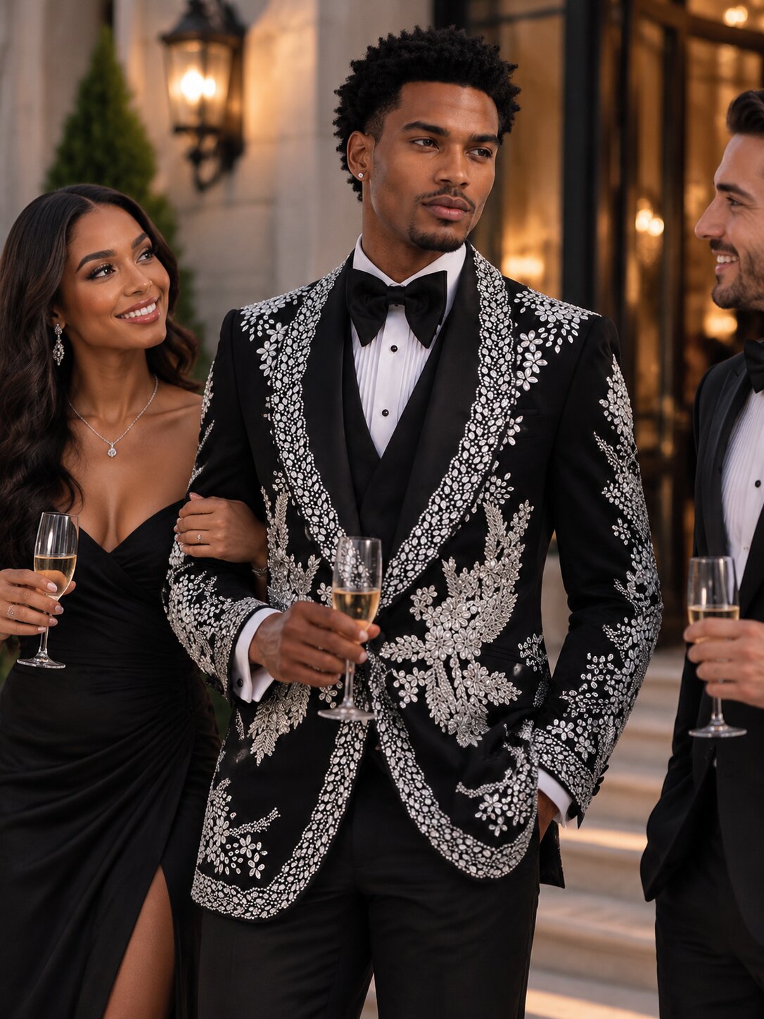 3-Piece Hand-Made Black Silver Floral Rhinestone Embroidered Tuxedo