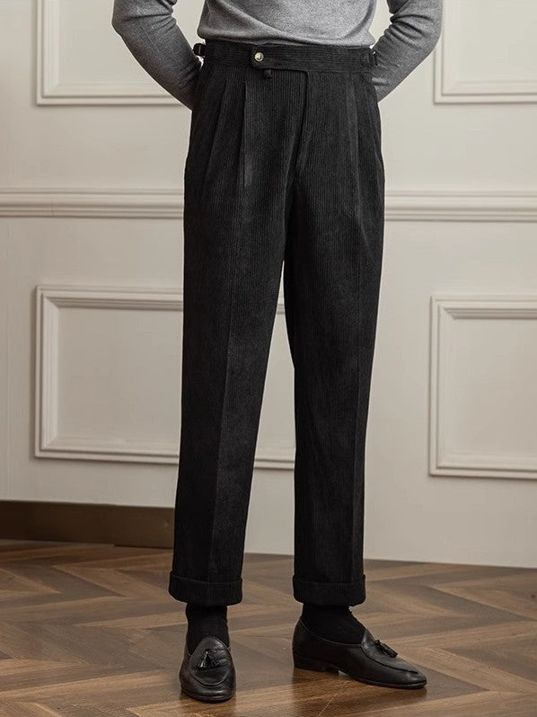 Men's Italian Style Corduroy Naples Suit Pants High-waisted Adjustable Belt Straight Fall Trousers 