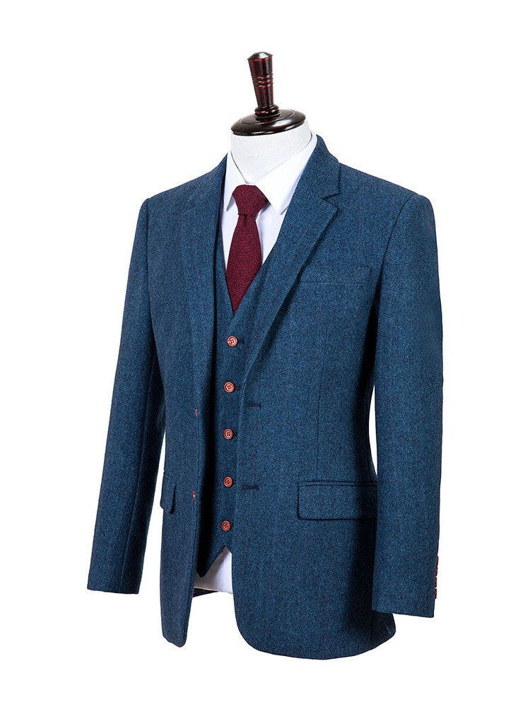 Blue Herringbone Tweed 3 Piece Suit