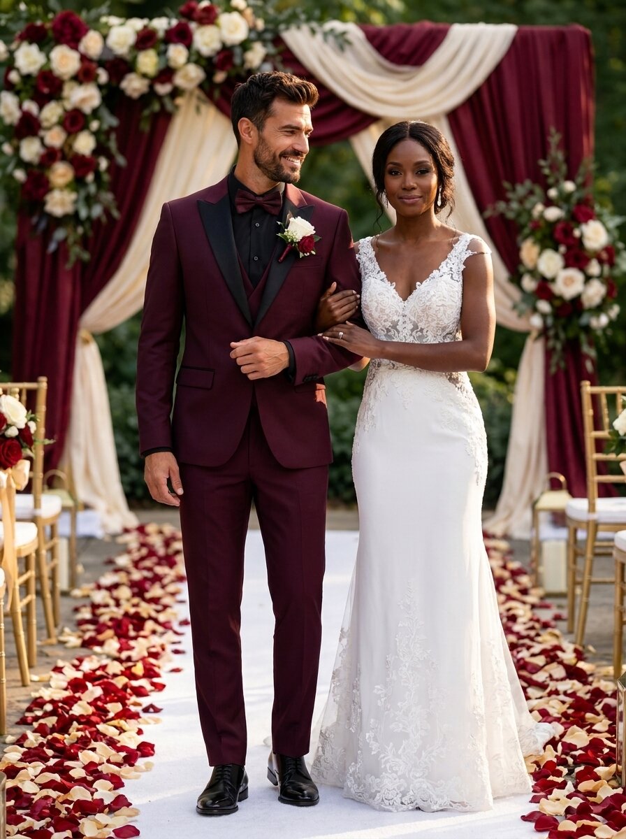 Men's Burgundy with Black Lapel Suit