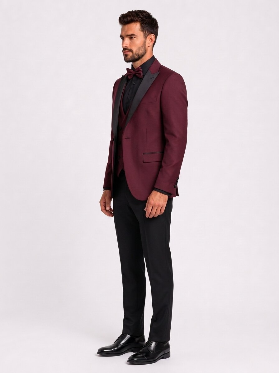Men's Burgundy Suit with Black Satin Lapels – 3-Piece Formal Suit