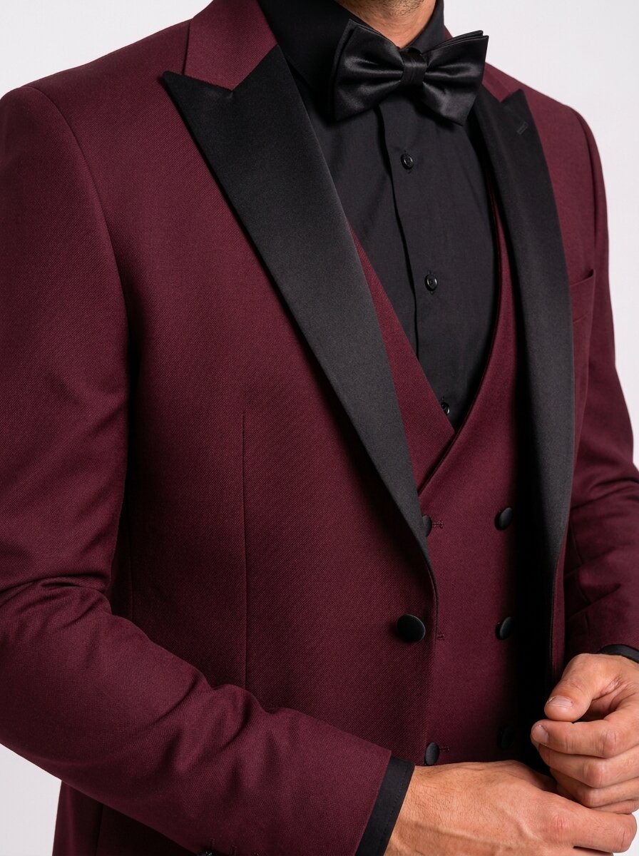 Men's Burgundy Suit with Black Satin Lapels – 3-Piece Formal Suit