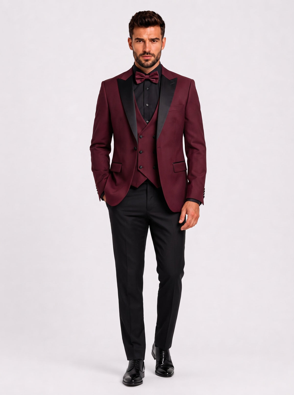 Men's Burgundy Suit with Black Satin Lapels – 3-Piece Formal Suit