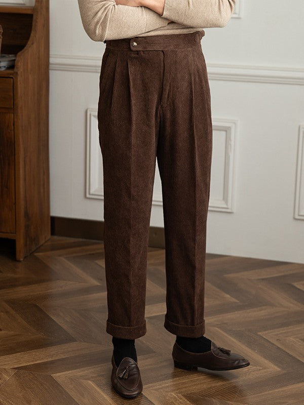Men's Italian Style Corduroy Naples Suit Pants High-waisted Adjustable Belt Straight Fall Trousers 