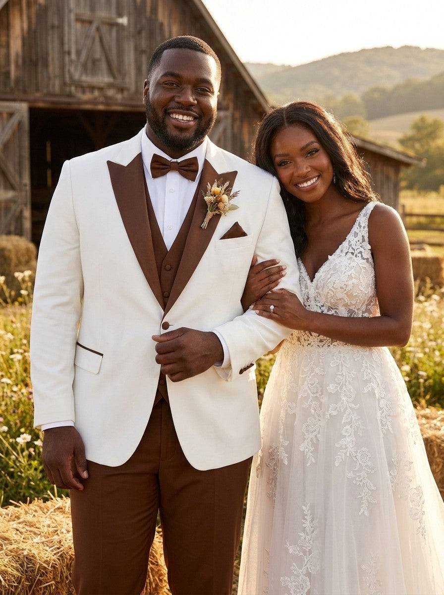 Men’s Ivory & Orange-Toned Brown 3 Piece Wedding Tuxedo
