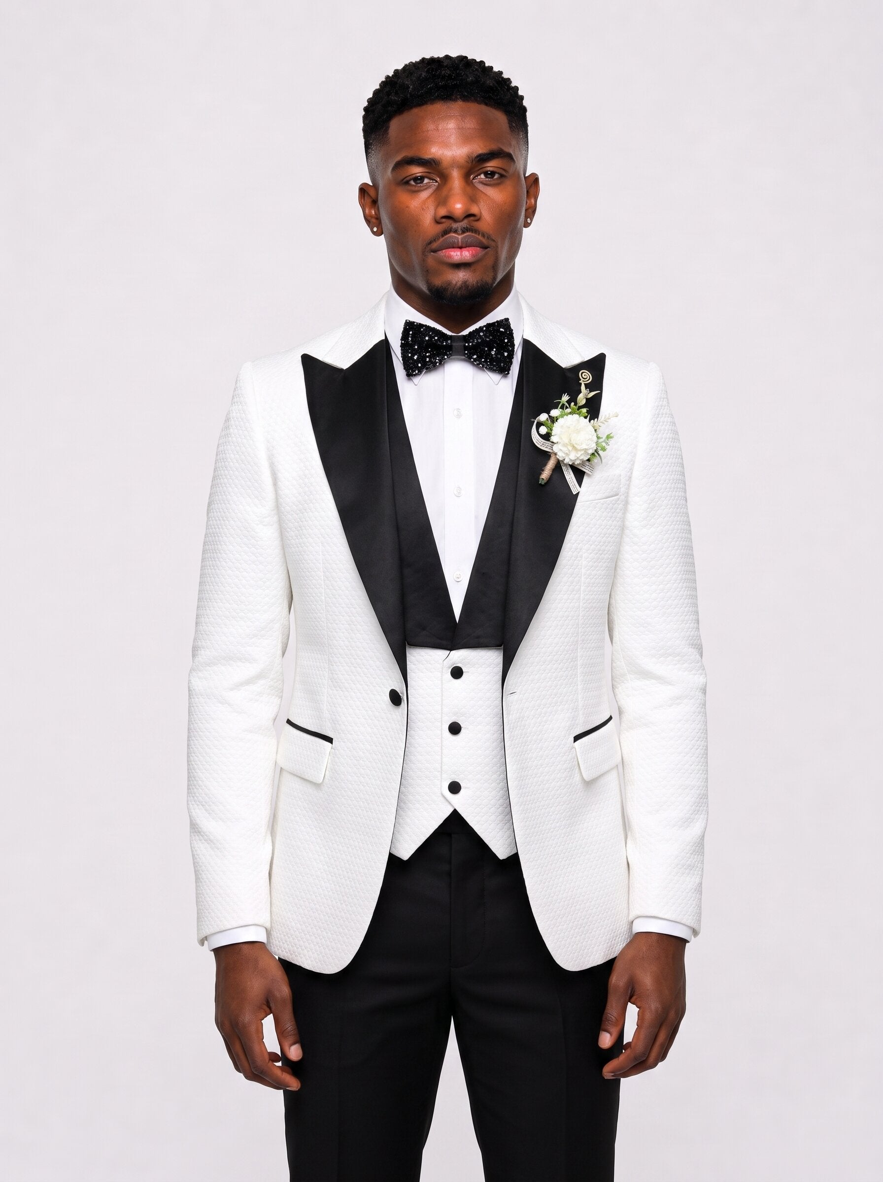 Men's Black Peak Lapel Textured 3 Piece Tuxedo Suit