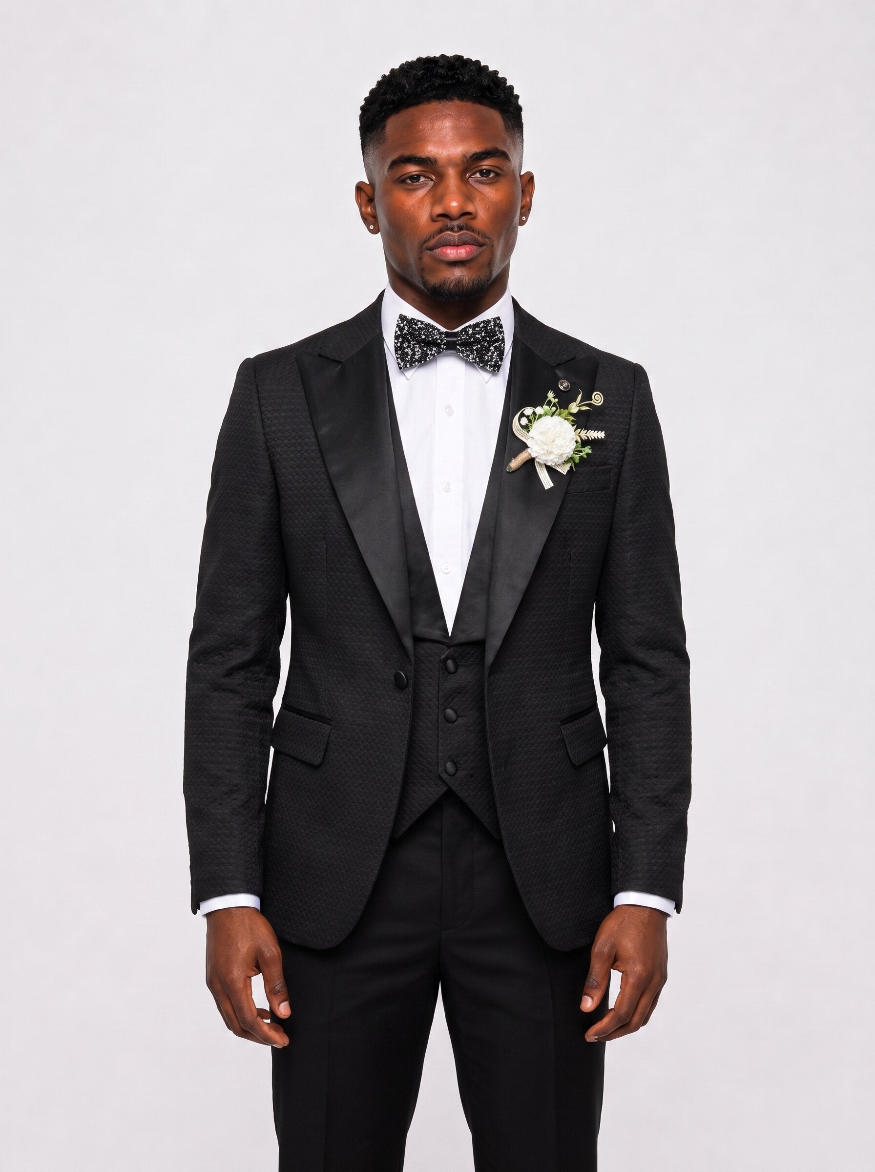 Men's Black Peak Lapel Textured 3 Piece Tuxedo Suit