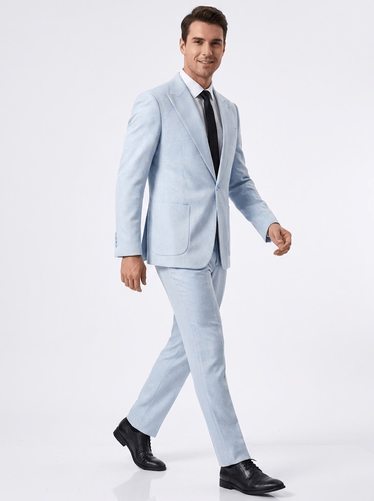 light blue linen suit