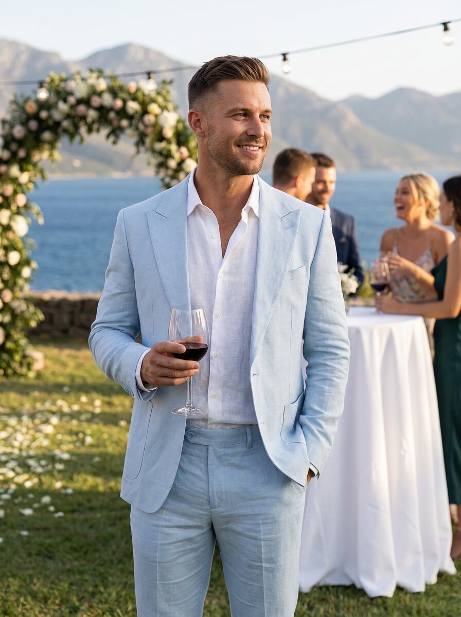 Men's Light Blue Tailored Fit Linen Suit Summer Beach Wedding