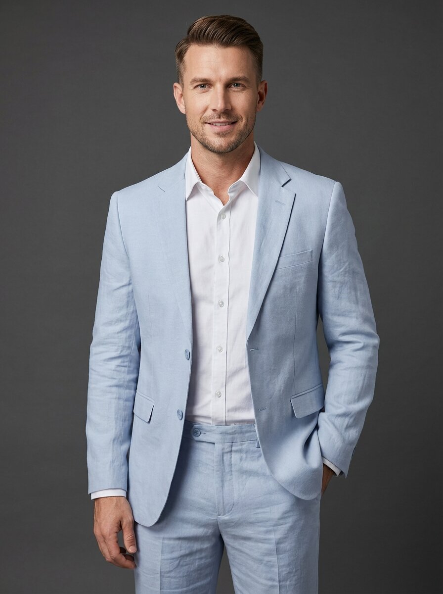 Men's Modern Fit Light Blue Linen Suit - Lightweight Two Piece Jacket and Pants