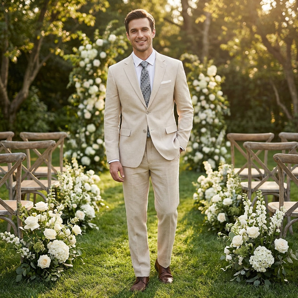 Men's Modern Linen Suit Set - Beige Groom & Groomsmen Suits