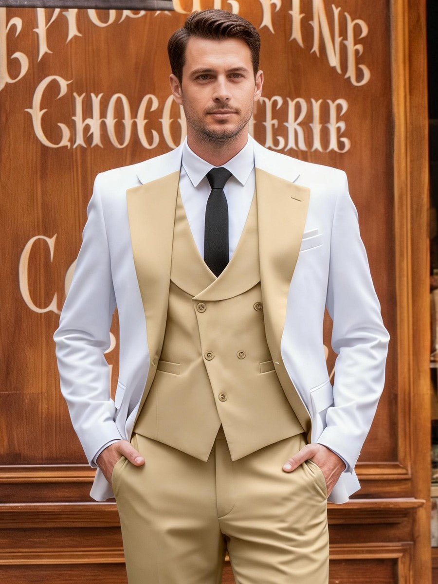 Men's Slim Fit 3-Piece Suits Contrast Neckline