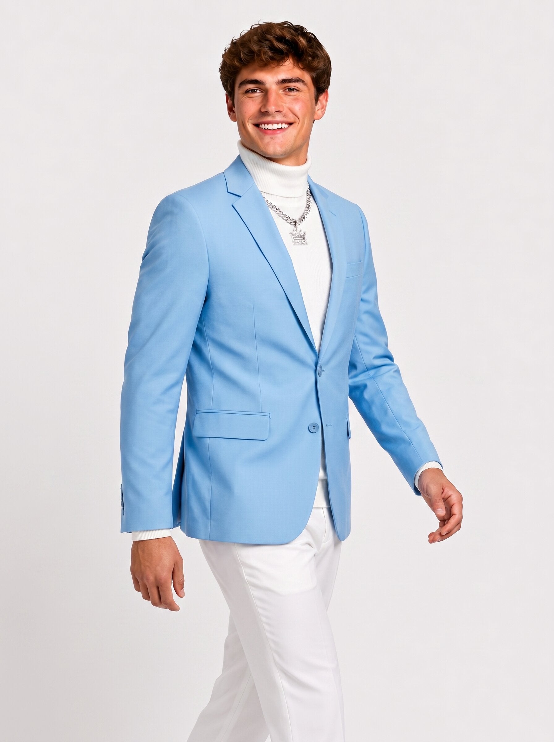 Slim Fit 2-Piece Suit Blue Blazer White Trousers Set
