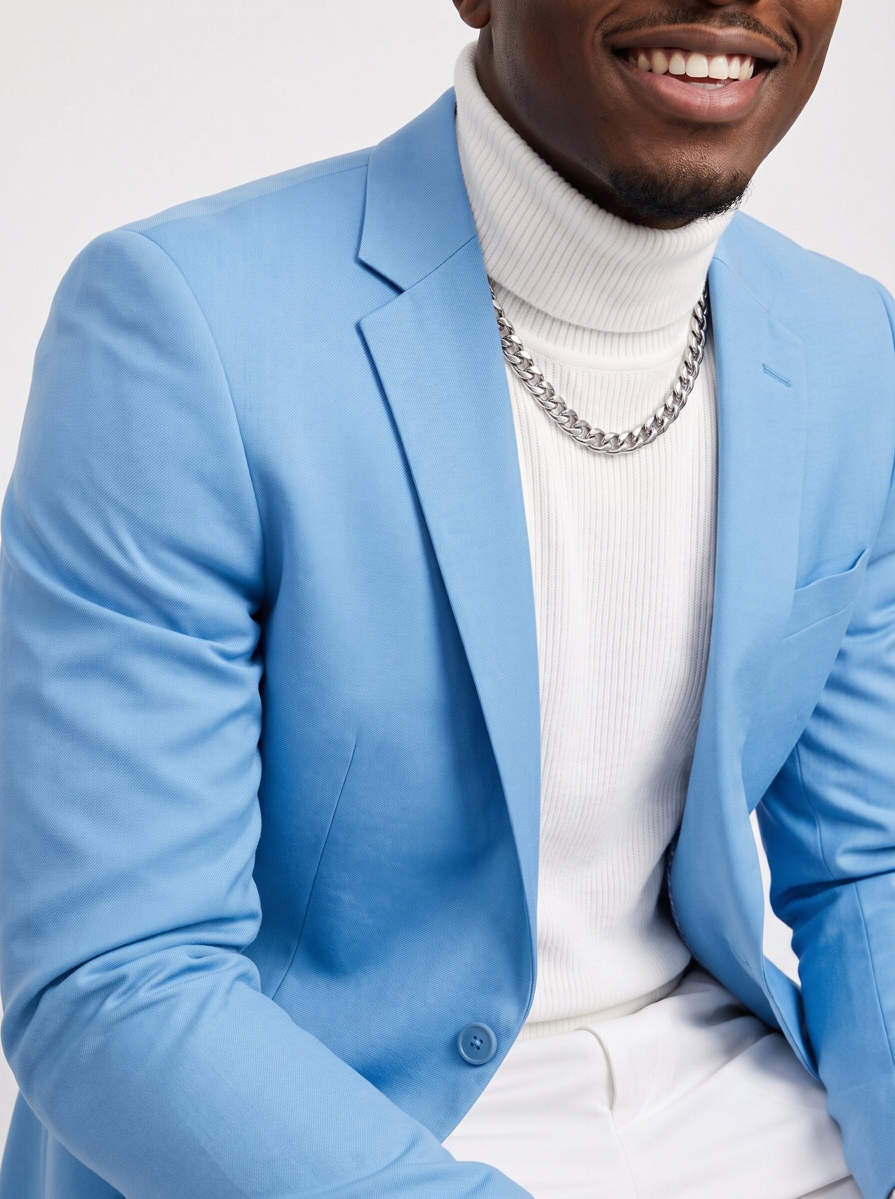 Slim Fit 2-Piece Suit Blue Blazer White Trousers Set