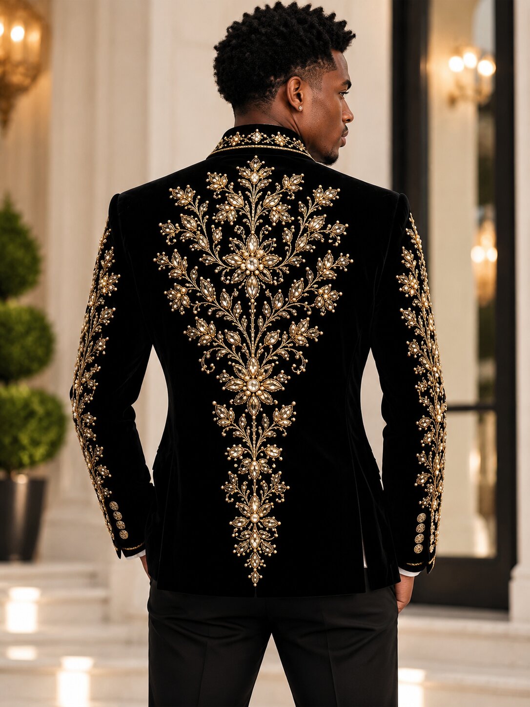 Men's 2-Piece Black Velvet Gold Embroidered Tuxedo