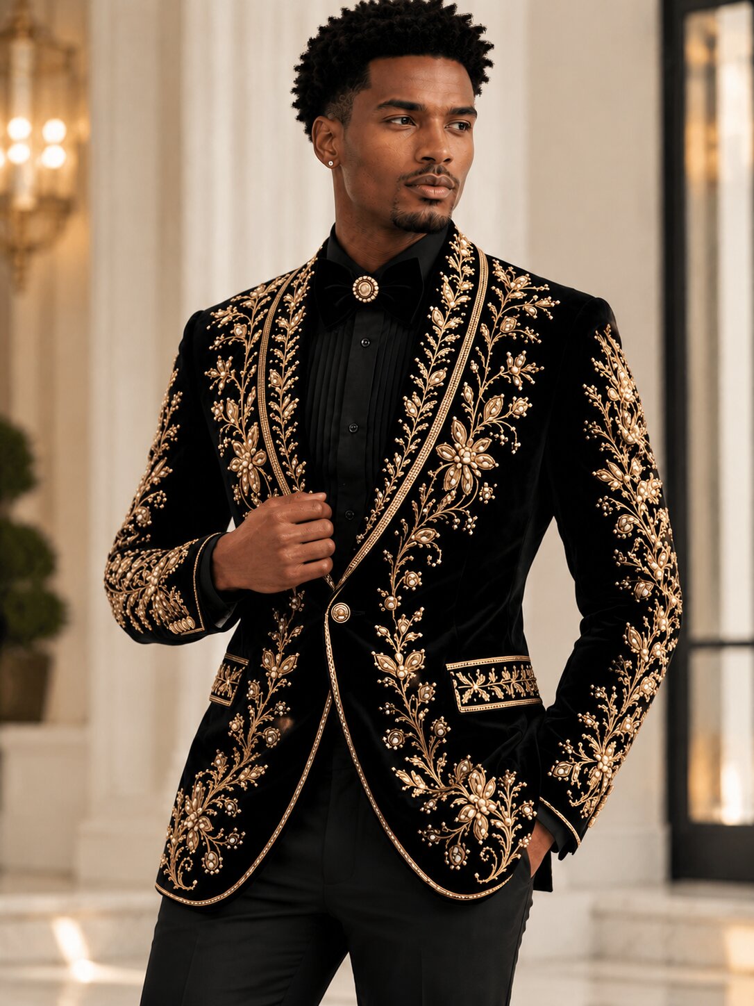 Men's 2-Piece Black Velvet Gold Embroidered Tuxedo