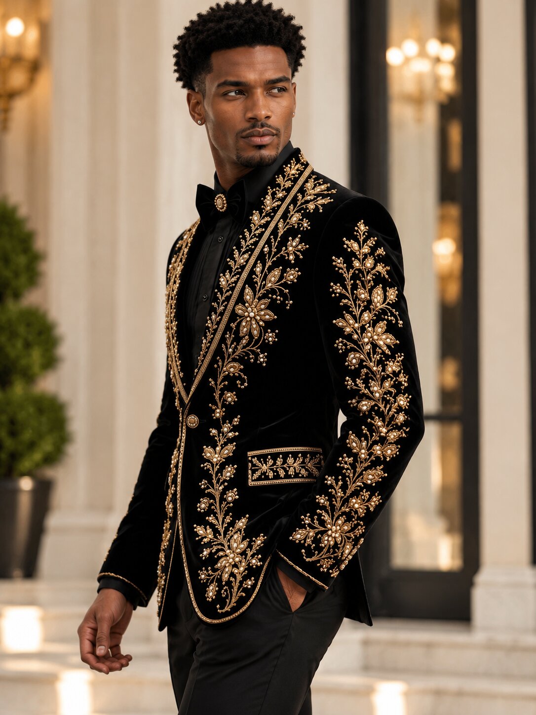 Men's 2-Piece Black Velvet Gold Embroidered Tuxedo