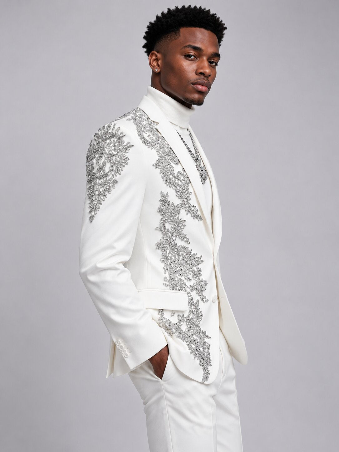 Men's 2 Piece Silver Floral Embroidered Tuxedo Suit