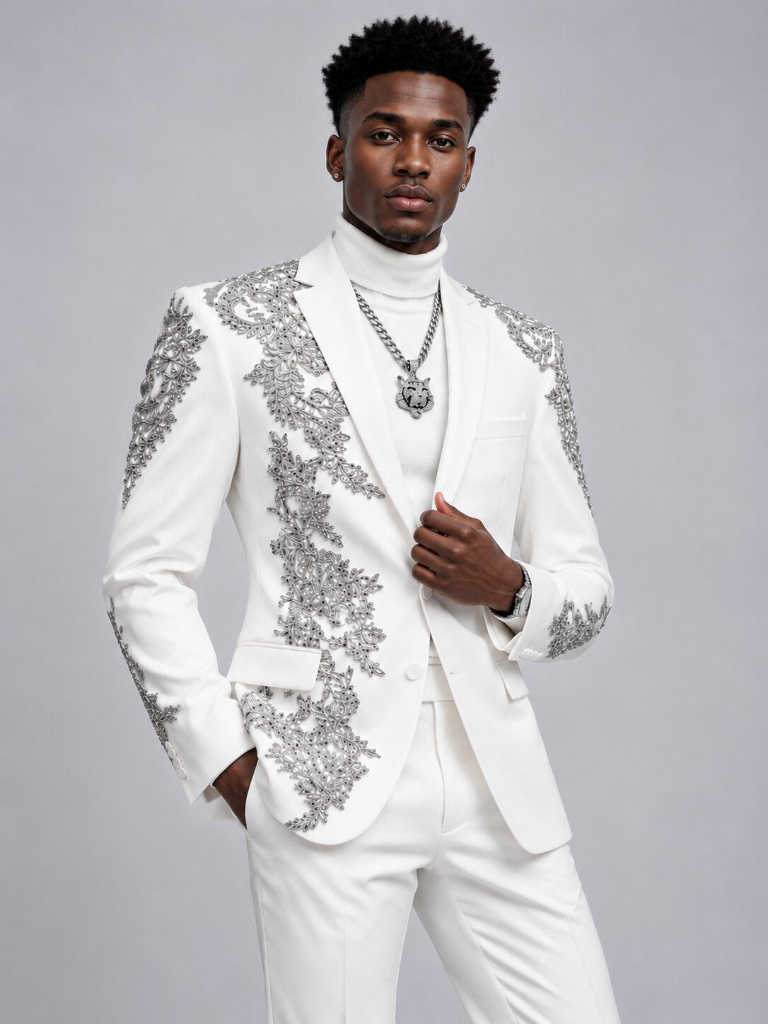 Men's 2 Piece Silver Floral Embroidered Tuxedo Suit