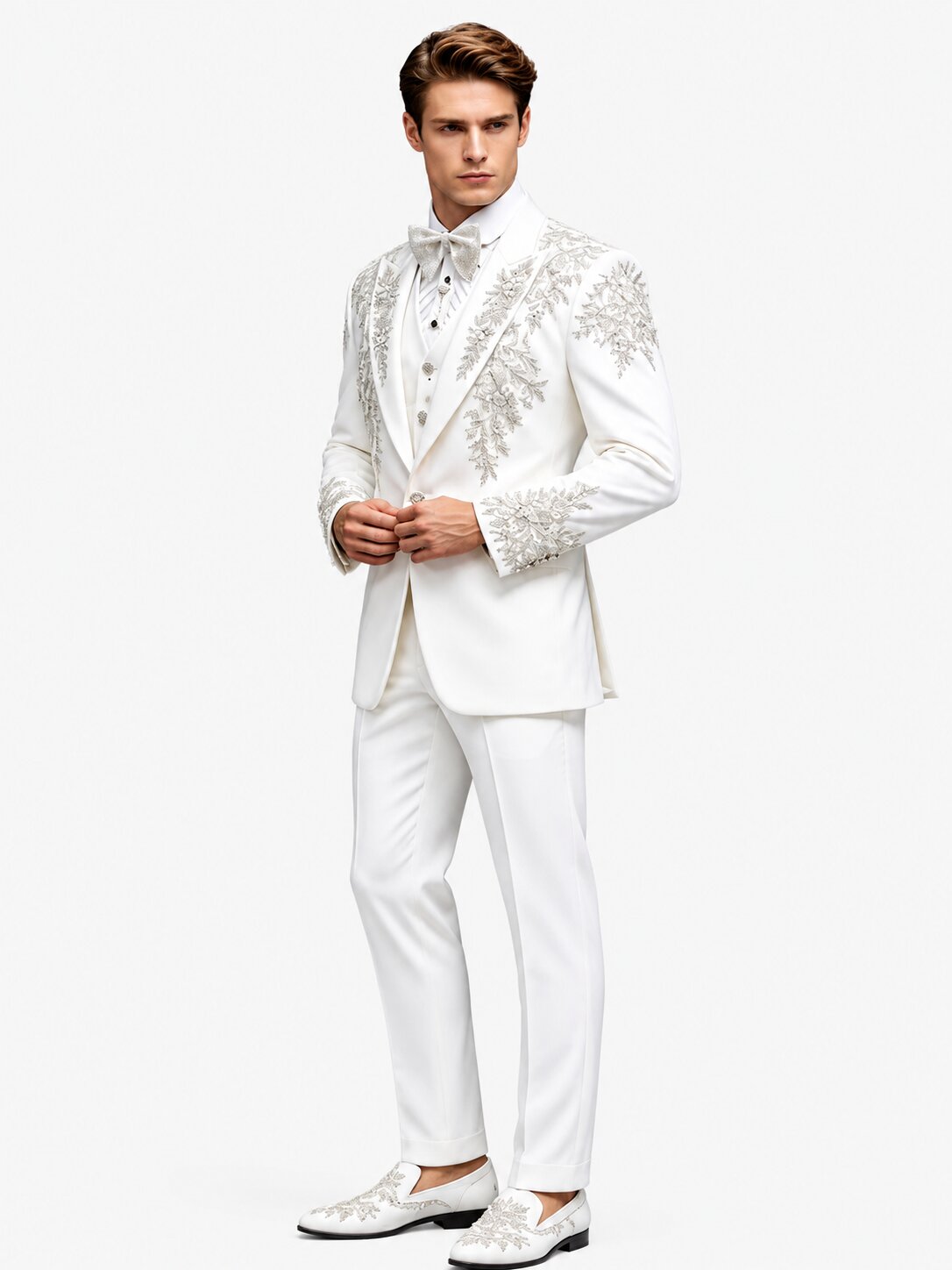 Men's 3-Piece White Tuxedo Suit with Silver Floral Embroidery