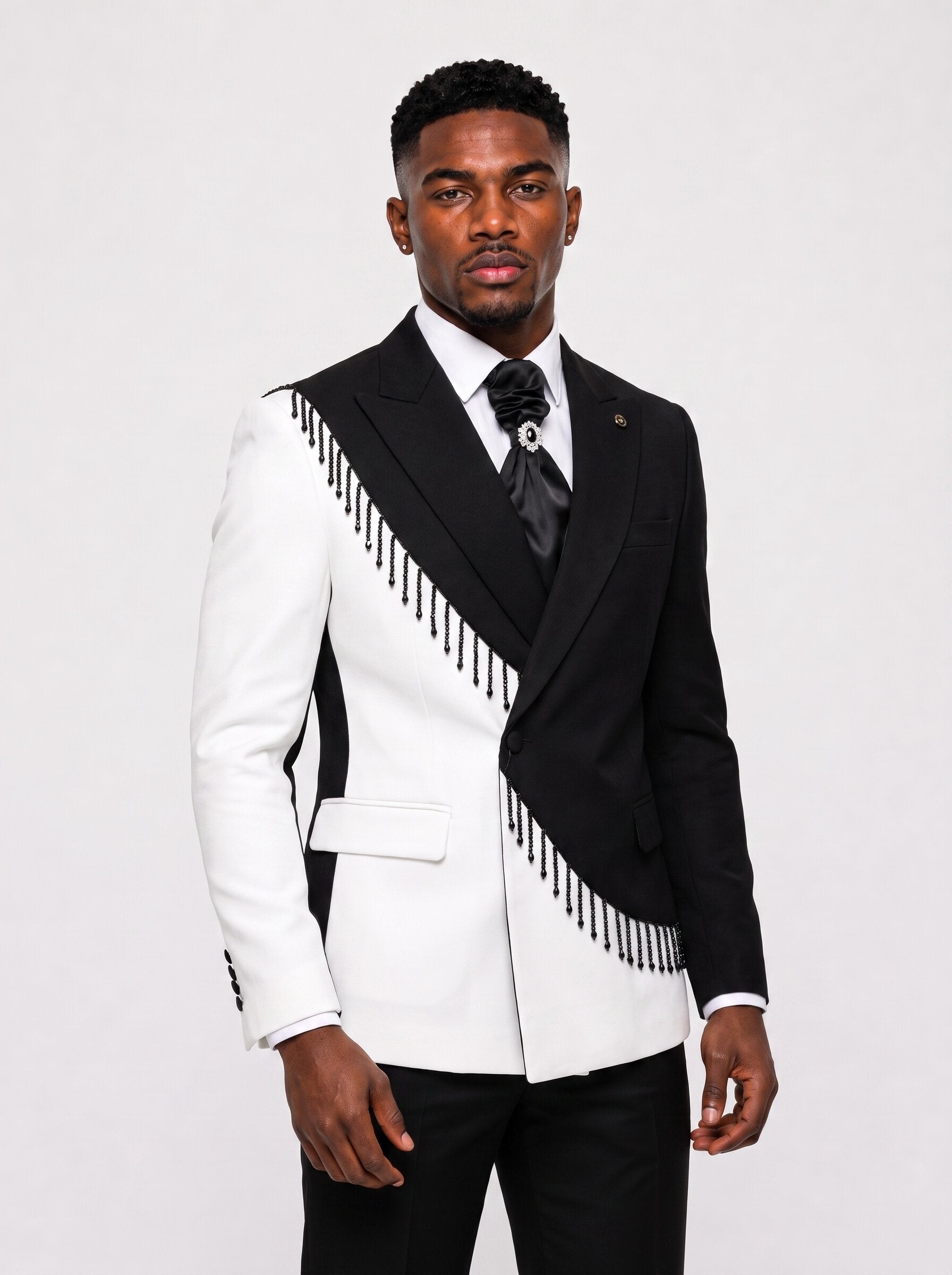 Asymmetric Black & White Fringe 2 Piece Suit