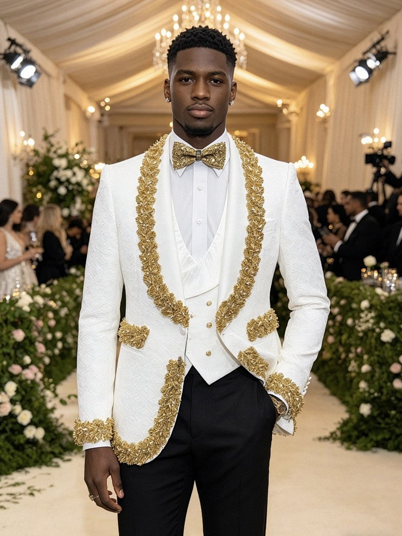 White Jacquard 3 Piece Tuxedo with Gold Beads Trim