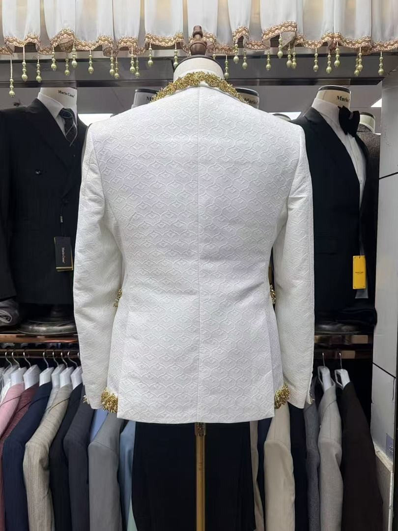 White Jacquard 3 Piece Tuxedo with Gold Beads Trim