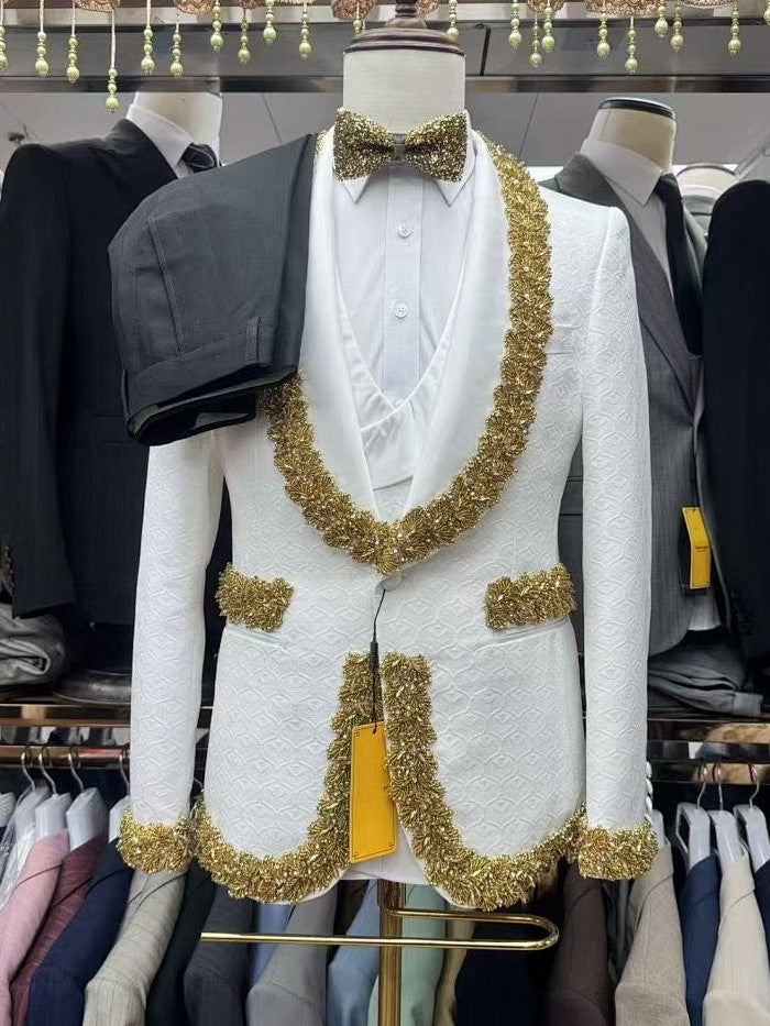 White Jacquard 3 Piece Tuxedo with Gold Beads Trim
