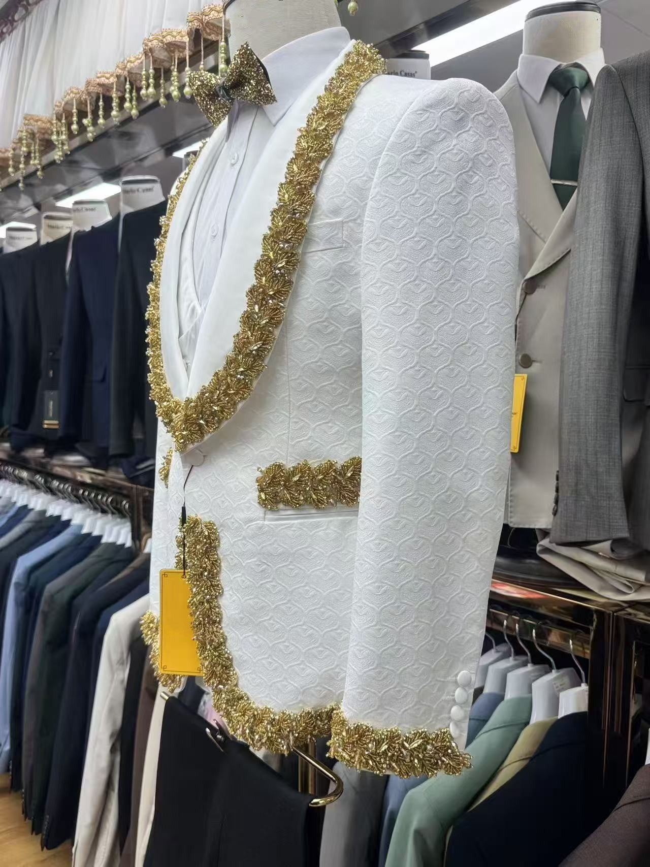 White Jacquard 3 Piece Tuxedo with Gold Beads Trim
