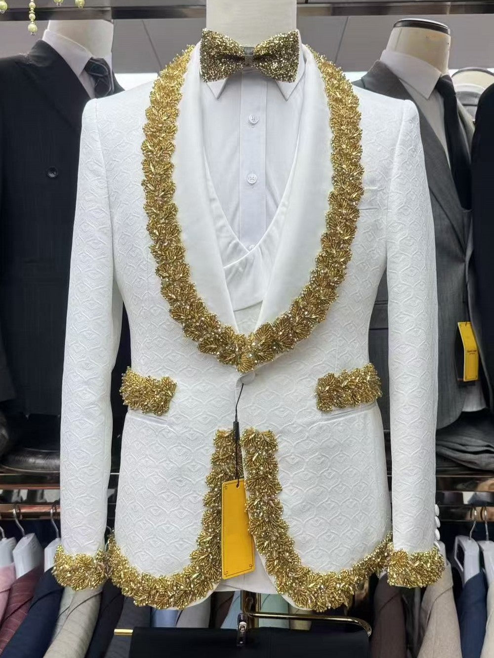White Jacquard 3 Piece Tuxedo with Gold Beads Trim