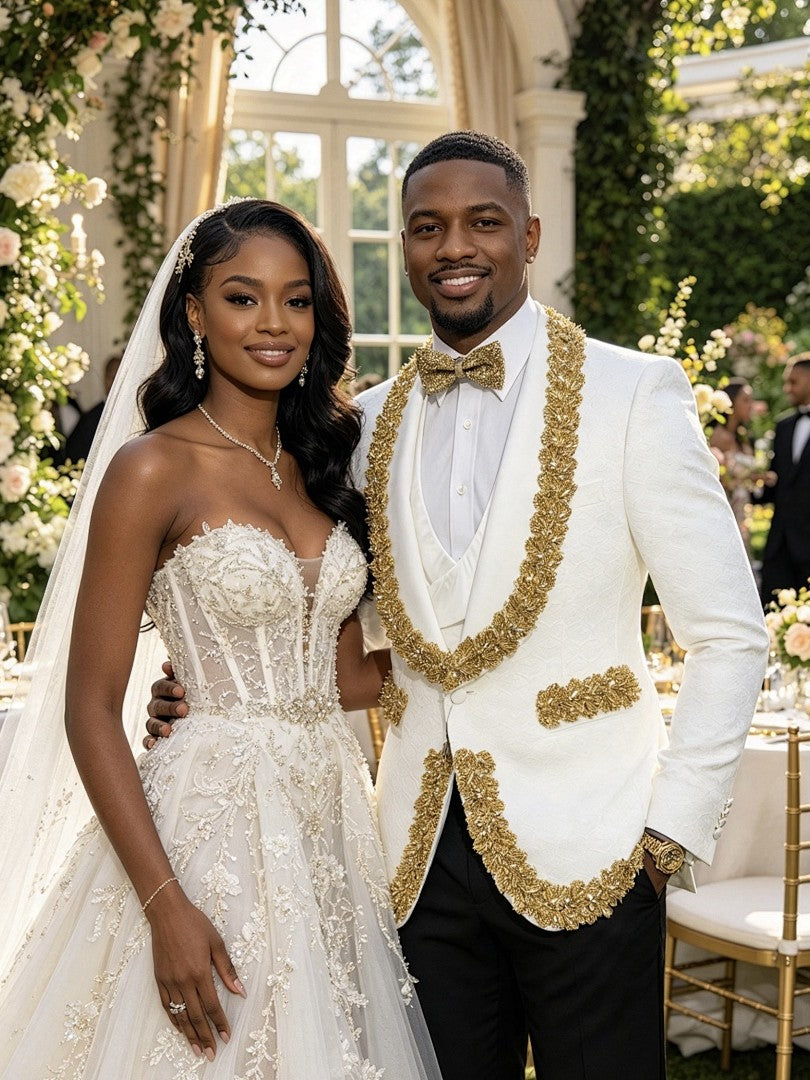 White Jacquard 3 Piece Tuxedo with Gold Beads Trim