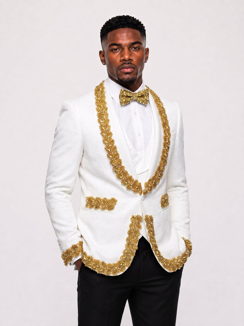 White Jacquard 3 Piece Tuxedo with Gold Beads Trim