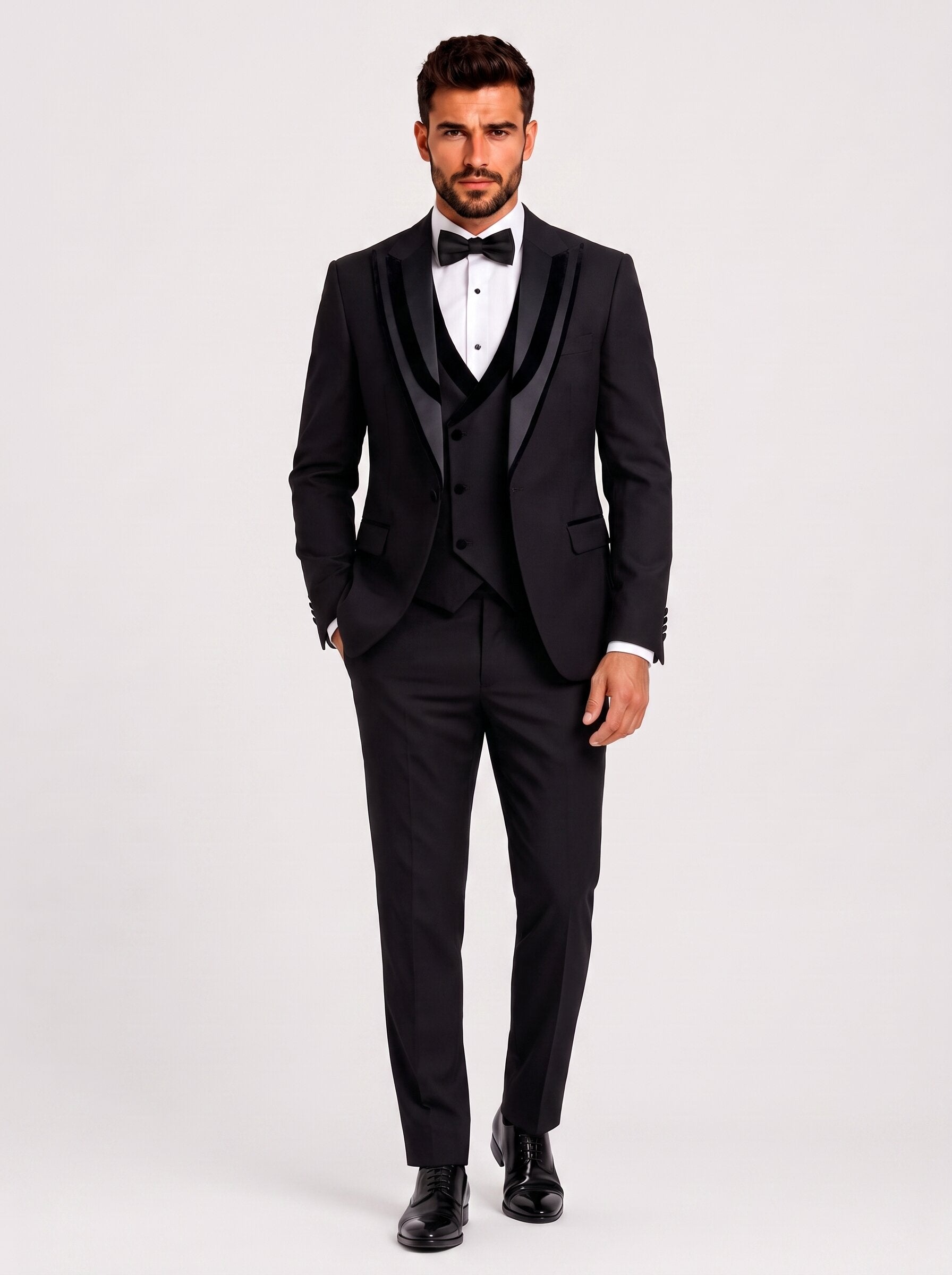 Men's Black Velvet Trim 3 Piece Tuxedo Suit