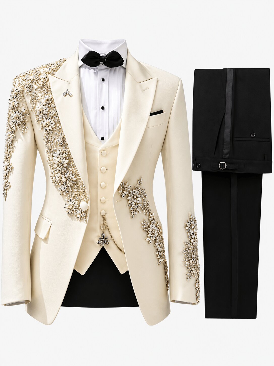 Men's Ivory & Black Floral Rhinestone 3-Piece Tuxedo Suit