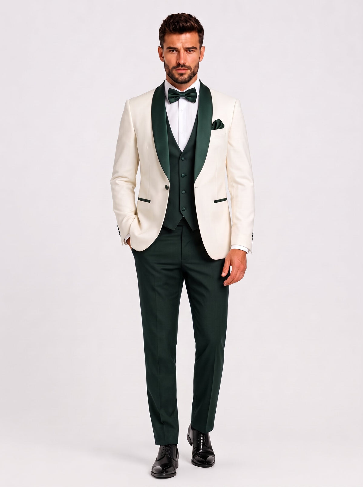 Men’s Ivory & Dark Green 3-Piece Wedding Tuxedo