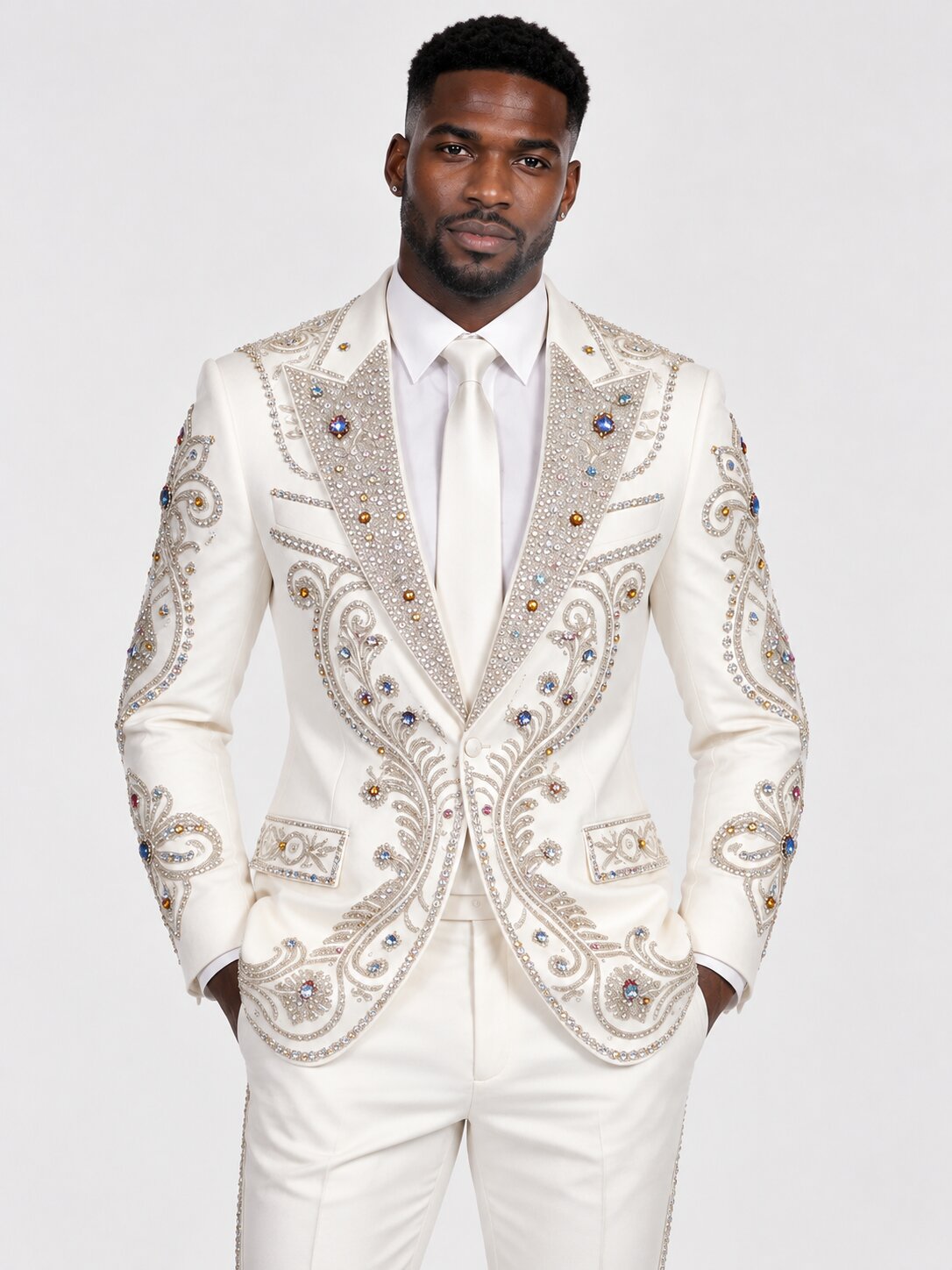 Men's Ivory Embroidered Tuxedo with Crystal Detailing