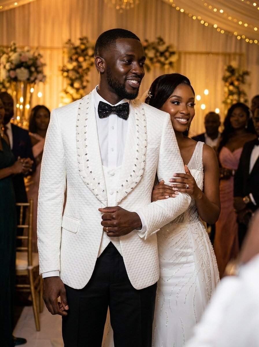 Men’s White Jacquard Rhinestone 3-Piece Tuxedo Suit