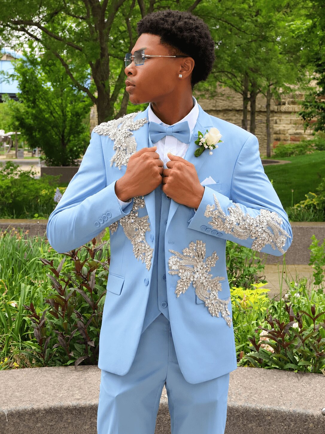 Men's Light Blue 3 Piece Rhinestone Floral Embroidered Prom Wedding Suit